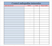 Ejemplo de un registro de radiografías intraorales en el que consta el aparato, fecha , hora y persona responsable de la radiografía.