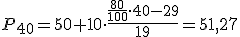 El percentil 40 es igual a 50 más el producto de 10 por la fracción en cuyo numerador está la diferencia entre el producto de la fracción 80 partido 100, multiplicado por 40 y 29, y en cuyo denominador está el 19. Es decir, el P sub 40 es igual a 51,57.