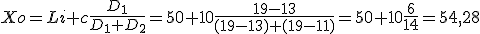 X sub o es igual a L sub i (límite inferior del intervalo modal) más el producto de c (la amplitud del intervalo) por la fracción de D sub 1 (diferencia entre la frecuencia absoluta de la clase modal y de la clase inmediatamente anterior) entre la suma de D sub 1 (diferencia entre la frecuencia absoluta de la clase modal y de la clase inmediatamente anterior) y D sub 2 (diferencia entre la frecuencia absoluta de la clase modal y de la clase siguiente). En este caso, la moda es igual a 50 más el producto de 10 por la fracción de 6 entre la suma de 8 más 8. Es decir la moda es igual a 54,28.