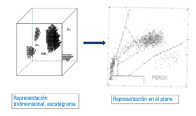 Imagen donde aparece una representación de diferentes nubes de puntos sobre un sistema de ejes tridimensionales y su correspondencia en el plano.