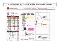 Imagen del informe de un hemograma de un contador de cinco poblaciones en el que se han señalado, con distintos colores, las alteraciones que se detectan en el mismo como consecuencia de una insuficiencia renal crónica.