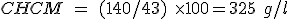 La CHCM es igual a ciento cuarenta ente cuarenta y tres y todo ello multiplicado por cien que es igual a trescientos veinticinco gramos por litro.