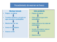 Diapositiva que muestra los pasos de las dos formas de realizar el examen en fresco de una preparación.