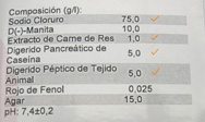 En la imagen podemos ver la información suministrada en la etiqueta de un bote de medio de cultivo deshidratado.