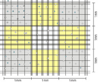 En la imagen se muestra un esquema del retículo de una cámara de recuento donde hay unos puntos blancos y azules simulando células.