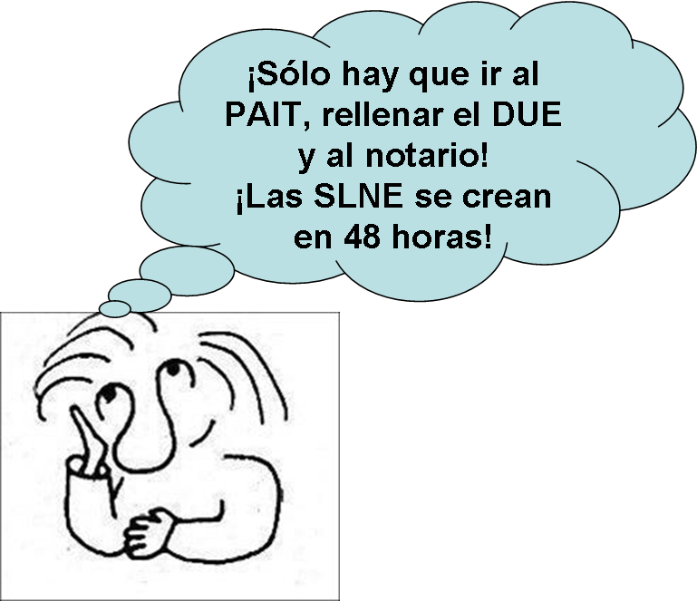 Dibujo en el que se ve a una persona pensando en las sociedades limitadas nueva empresa. En la imagen se ve el dibujo de una persona, dibujado con trazos de color negro, del que sale un bocadillo que dice “¡Sólo hay que ir al PAIT, rellenar el DUE y al notario! ¡Las SLNE se crean en 48 horas!”.