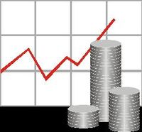 Gráfica de beneficios. Imagen en la que se muestra una gráfica de beneficios. En la imagen aparece una gráfica de lineas y tres pilas que representan monedas apiladas de diferentes tamaños.