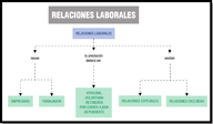 En este mapa conceptual formado por figuras rectangulares vemos cómo del enlace entre empresarios y trabajadores nace la relación laboral. De la relación laboral parte una línea que en el otro extremo muestra las características que deben cumplirse para que se dé la relación laboral; y también parte una línea que se bifurca, mostrando que existen Relaciones Excluidas y Relaciones Especiales.