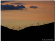 Fotografía, en la penumbra del atardecer, del contorno de una montaña con molinos de producción de energía eólica.