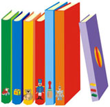 Un dibujo de varios libros colocados como en una estantería, aunque la estantería no se ve. 