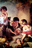 Cuadro de Murillo en el que se ve a dos niños desarrapados jugando a los dados, mientras un tercer niño de pie se come un trozo de pan mirándonos, y su perro lo mira a él, como esperando que le de algo de pan.  