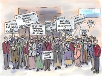 Ilustración en la que se muestra un grupo de personas en una manifestación portando pancartas.