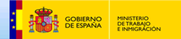 Logo con un par de franjas estilizadas a la derecha, verticales, con los colores de la bandera europea y española, respectivamente. A su derecha, sobre fondo de color amarillo pajizo, el escudo constitucional de España, y la leyenda Gobierno de España. Ministerio de trabajo  e inmigración.