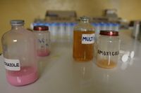 Sobre una mesa de laboratorio, varios botes con etiquetas que indican su contenido. 