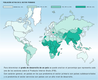 Mapa mundial con la población activa en el sector primario mostrada con 4 niveles. Vemos que en África y sur de Asia están los mayores porcentajes seguidos de sudamérica y norte de Asia. El resultado coincide con el nivel de desarrollo del país, a mayor porcentaje del sector primario menor desarrollo del país.