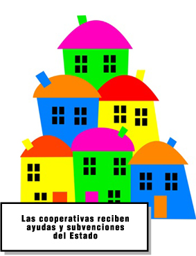 Dibujo de casas de colores con cartel que dice: “Las cooperativas reciben ayudas y subvenciones del Estado”.