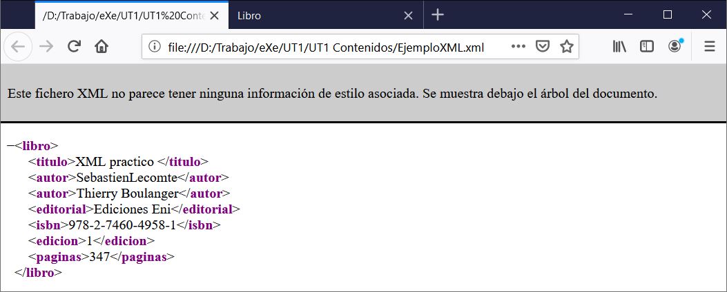 Ilustración de cómo se muestra un fichero XML en un navegador web
