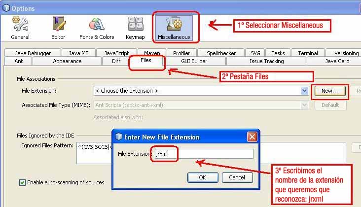 se ve una opción de configuración del programa NetBeans para que reconozca las extensiones .xml