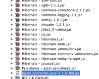 Captura de pantalla de Netbeans, donde aparecen todas las librerías jar que debe incorporar una aplicación que va a utilizar Hibernate como ORM.