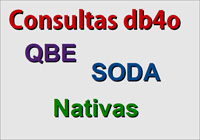 Dibujo formado por un rectángulo gris claro con las palabras db4o, QBE, Nativas y SODA en color rojo, morado, verde y azul respectivamente.