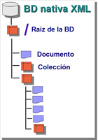 Dibujo que muestra la jerarquía de una BB nativa XML, dibujando el nodo raíz en la parte superior y después el árbol de colecciones, en rojo, y documentos, en celeste.