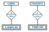 Representación de los dos tipos de dependencias de entidades débiles en el modelo Entidad/Relación: en existencia (entre Ejemplar y  Libro) y en identificación ( entre Familiar y Paciente )