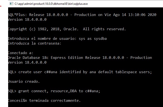 Captura de pantalla de la creación del usuario c##ana desde SQLPlus