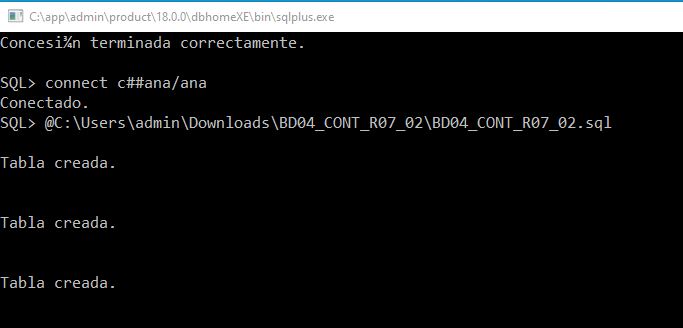 Captura de pantalla de la ejecución del script en el usuario c##ana desde SQLPlus