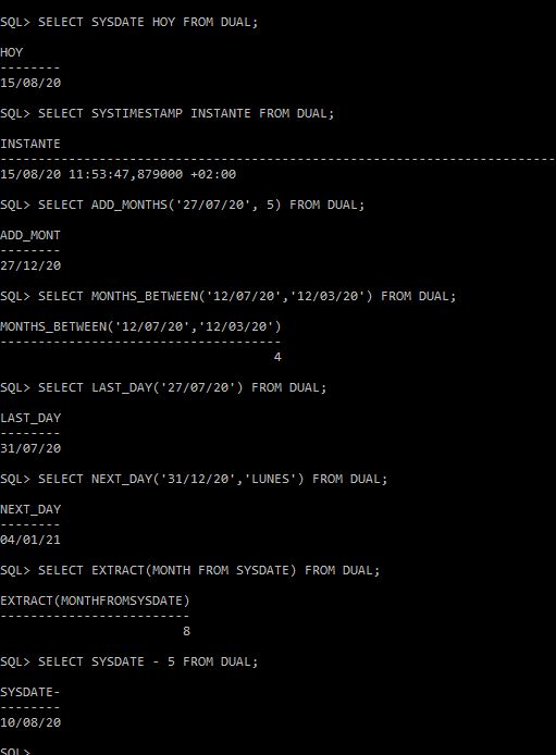 Ejecución en SQLPlus de sentencias de fecha vistas y sus resultados