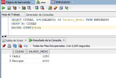 Ejecución de la consulta SELECT CIUDAD, AVG(SALARIO) AS Salario_Medio FROM EMPLEADOS GROUP BY CIUDAD HAVING COUNT(*)<3;   SQLDeveloper