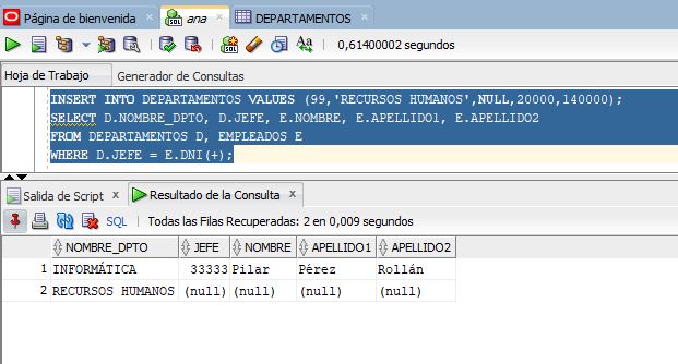 Ejecución en SQLDeveloper de la sentencia insert Y  SELECT D.NOMBRE_DPTO, D.JEFE, E.NOMBRE, E.APELLIDO1, E.APELLIDO2 FROM DEPARTAMENTOS D, EMPLEADOS E WHERE D.JEFE = E.DNI(+);