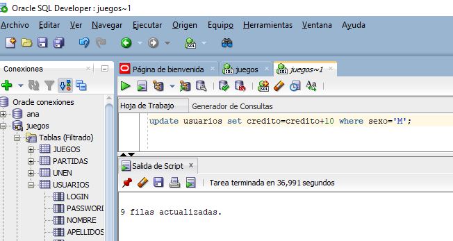 Sentencia update usuarios set credito=credito+10 where sexo='M'; y ejecución en SQLDeveloper