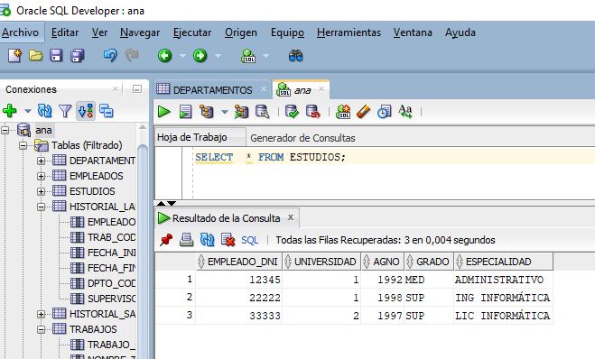 Hoja de trabajo de SQLDeveloper con la sentencia SELECT * FROM ESTUDIOS;  y las filas devueltas en la parte inferior de la pantalla.