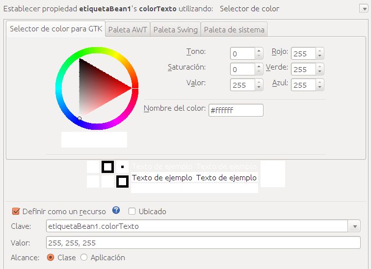 Ilustración de una imagen que muestra a un formulario de selección de colores. Dividida en tres pestañas, la que se muestra visible contiene un círculo cromático con un triángulo dentro de colores que van cambiando progresivamente más seis etiquetas con campos de texto para seleccionar el Tono, Saturación, Valor, Rojo, Verde y Azul. Debajo se ve una muestra del color seleccionado en seis cuadros con bordes negros.